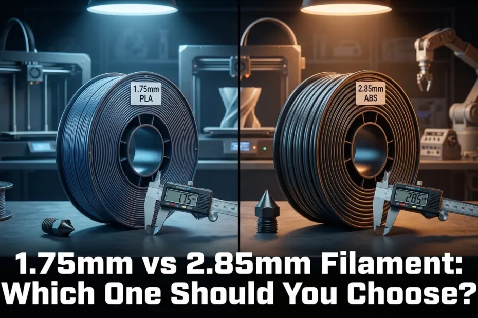 Close-up of 1.75mm and 2.85mm filament spools side by side for comparison.