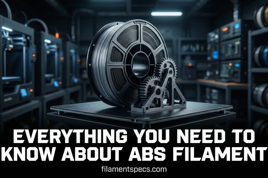 A spool of ABS filament on a printing station with a 3D printer in the background.