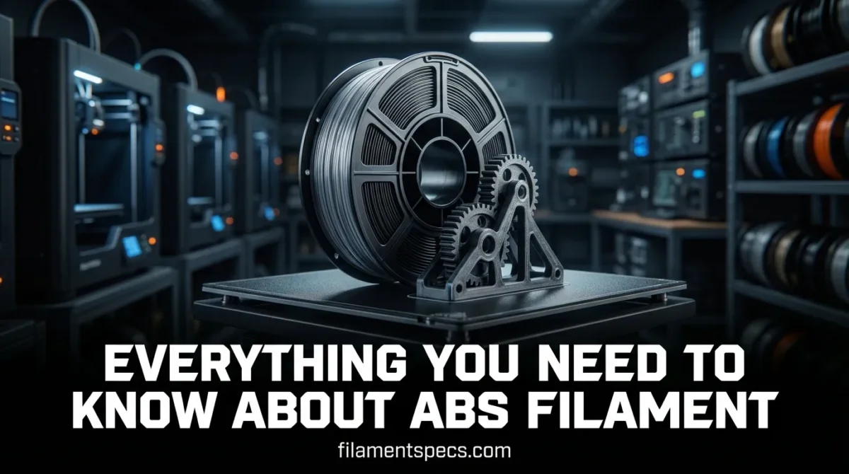 A spool of ABS filament on a printing station with a 3D printer in the background.