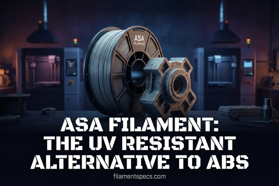 ASA filament spool and gear displayed in a dark setting with blue lighting, emphasizing durability.