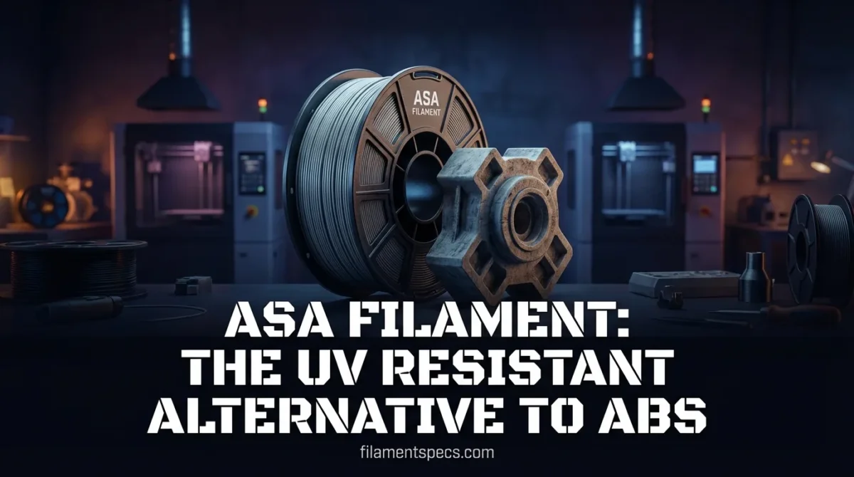 ASA filament spool and gear displayed in a dark setting with blue lighting, emphasizing durability.