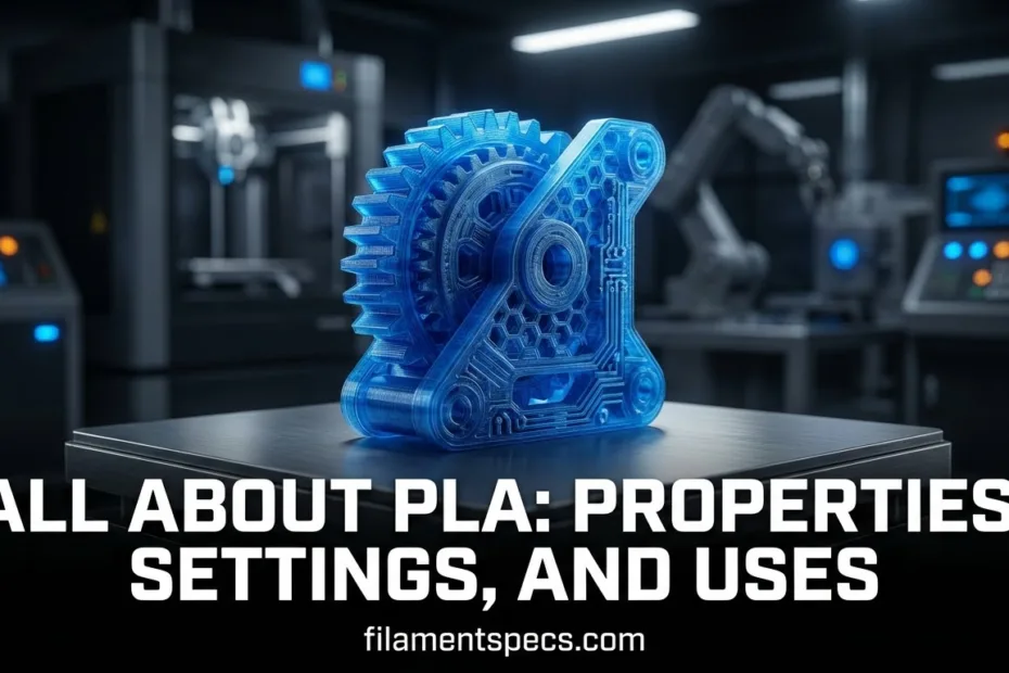 A spool of bright blue PLA filament on a 3D printer with gears in the background.