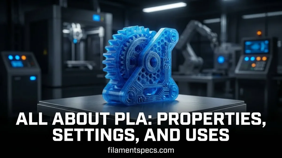 A spool of bright blue PLA filament on a 3D printer with gears in the background.