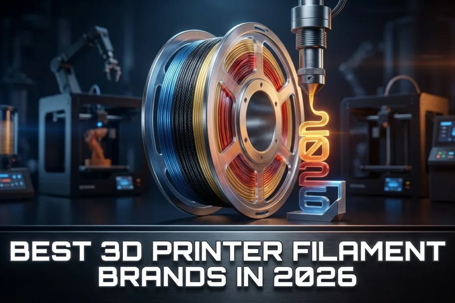 A 3D printer filament spool with colorful filament visible on top of a 3D printer