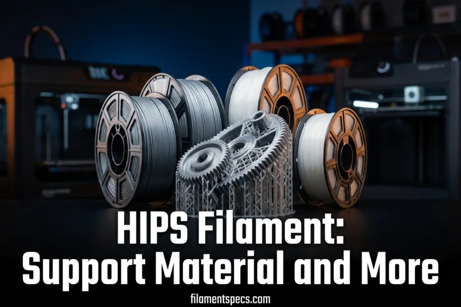 HIPS filament spools in a 3D printing workshop scene showcasing support material.