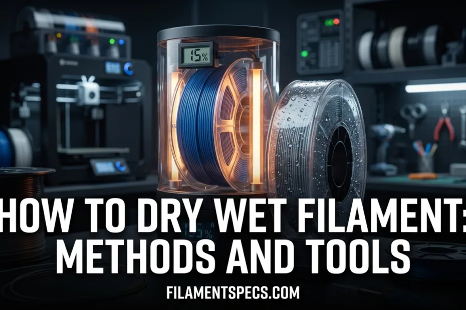 A person holding a plastic container with dried filament next to a 3D printer.