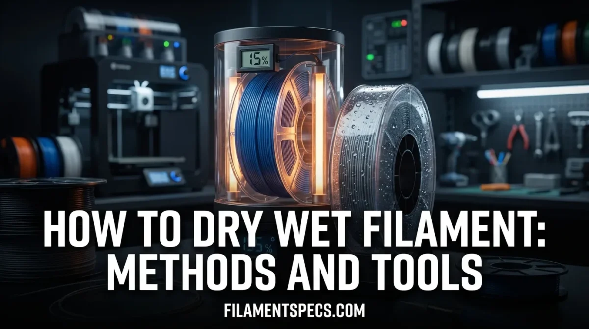 A person holding a plastic container with dried filament next to a 3D printer.