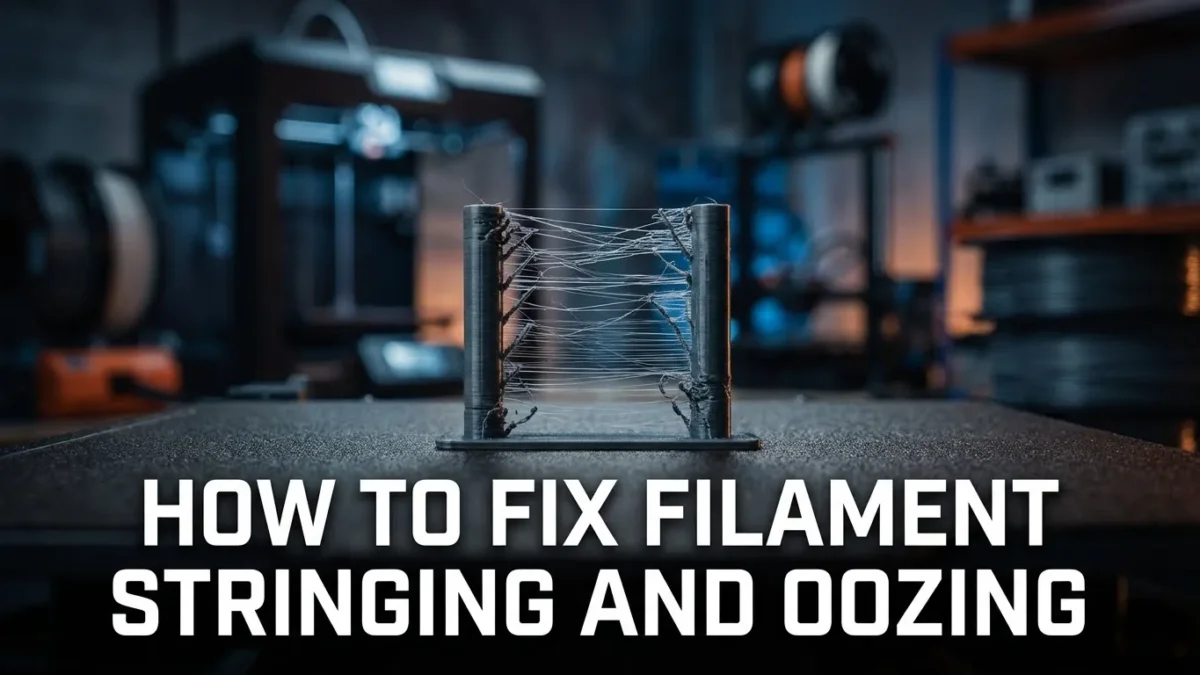 Filament stringing and oozing are seen on a 3D print nozzle in this guide.