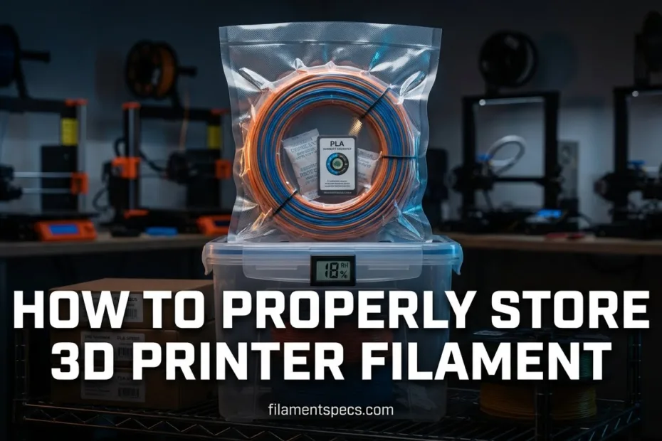 A spool of filament in a sealed plastic bag for proper storage, filament stored neatly.