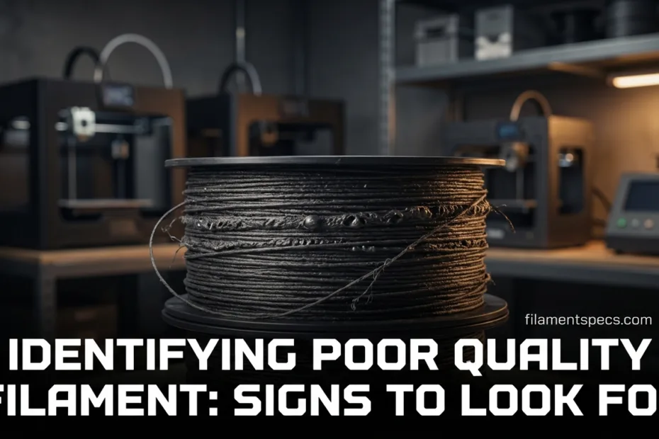A hand holding a spool of black filament with visible cracks.