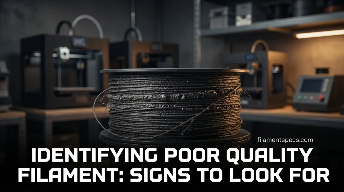 A hand holding a spool of black filament with visible cracks.