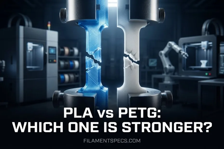 A close-up of 3D printer extruders working with blue PLA and clear PETG filament.