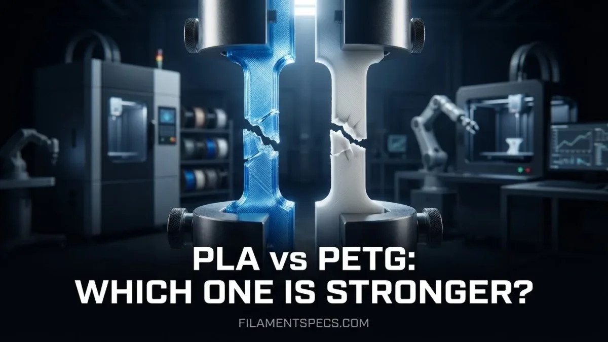 A close-up of 3D printer extruders working with blue PLA and clear PETG filament.