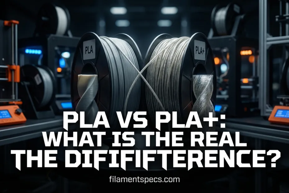 A close-up of two 3D printer filament spools, one labeled PLA and the other PLA+.