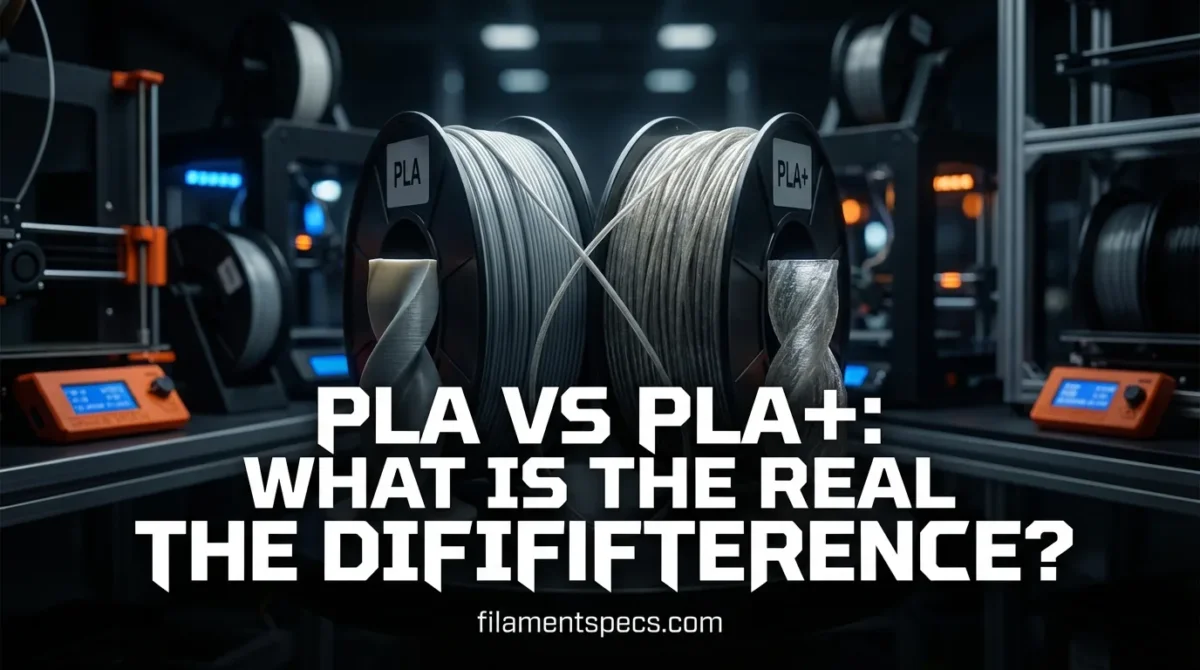 A close-up of two 3D printer filament spools, one labeled PLA and the other PLA+.