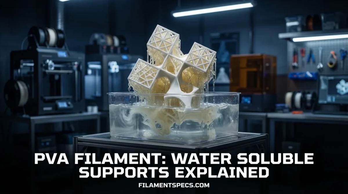 PVA filament used as water-soluble support structures in 3D printing, with cubes and a 3D printer in…