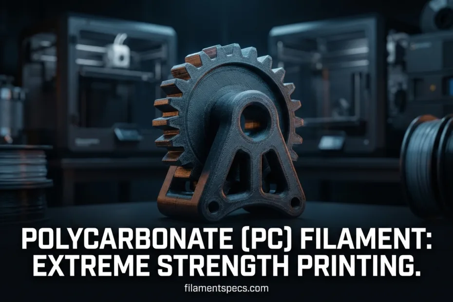 Polycarbonate filament spool with a gear in a 3D printing setup, showcasing extreme strength.