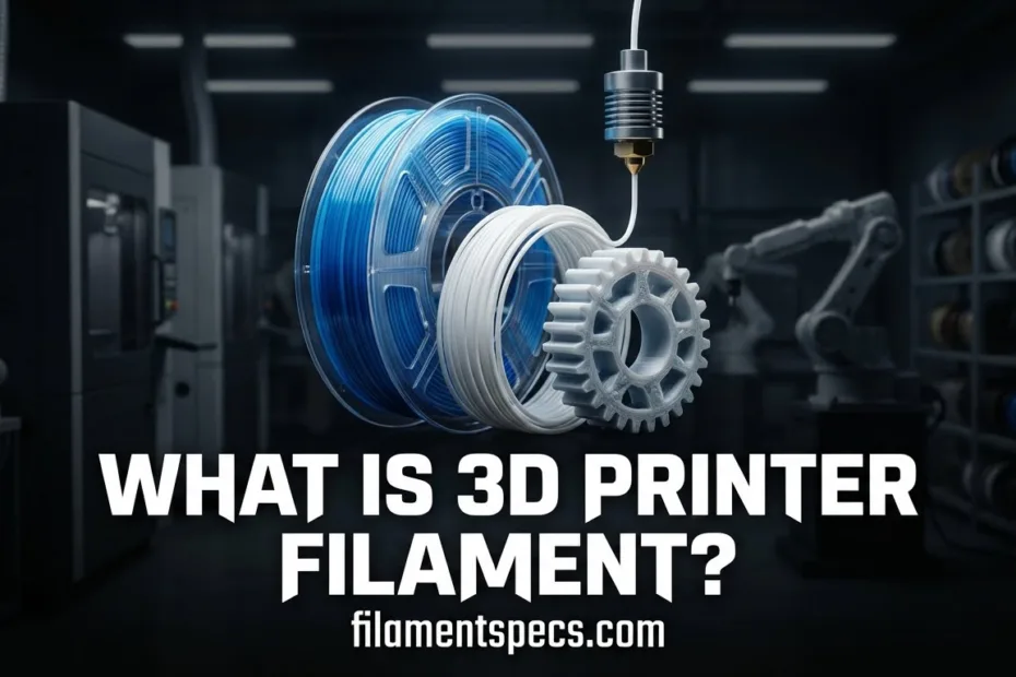 A close-up of a blue 3D printer filament spool with gears in the background.
