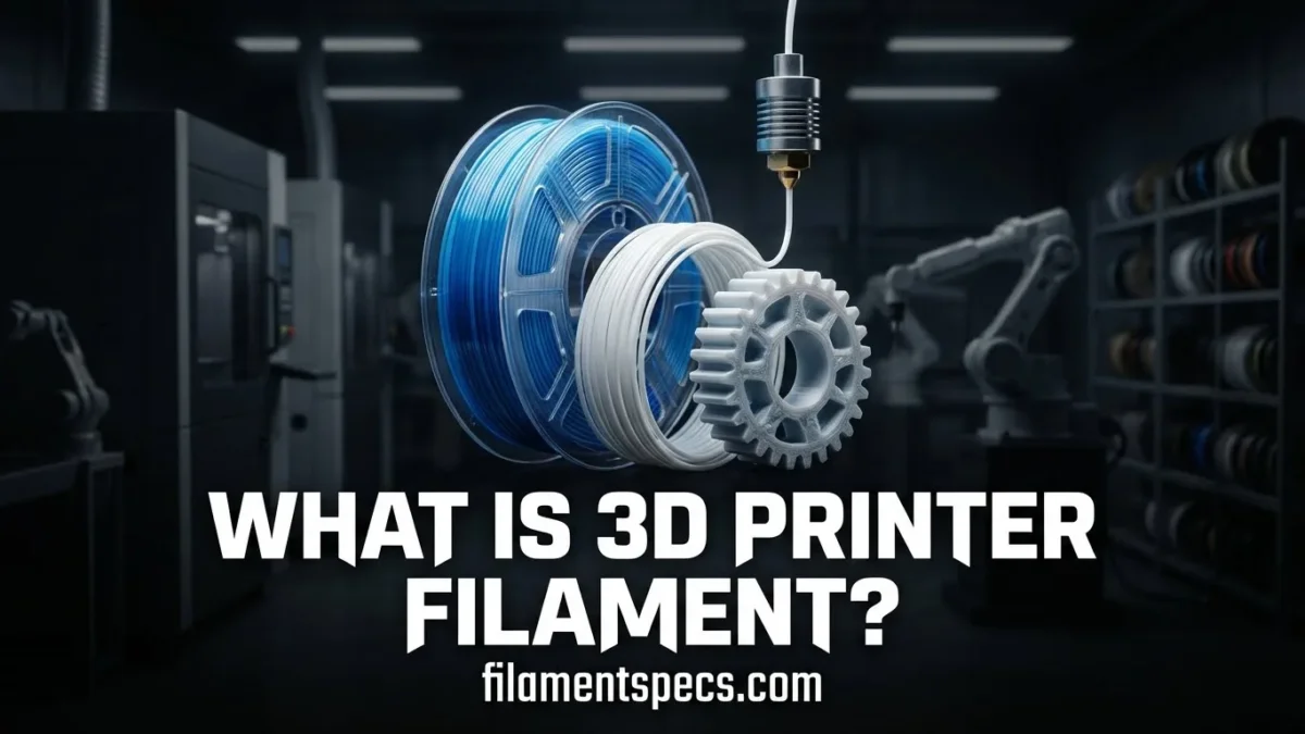 A close-up of a blue 3D printer filament spool with gears in the background.