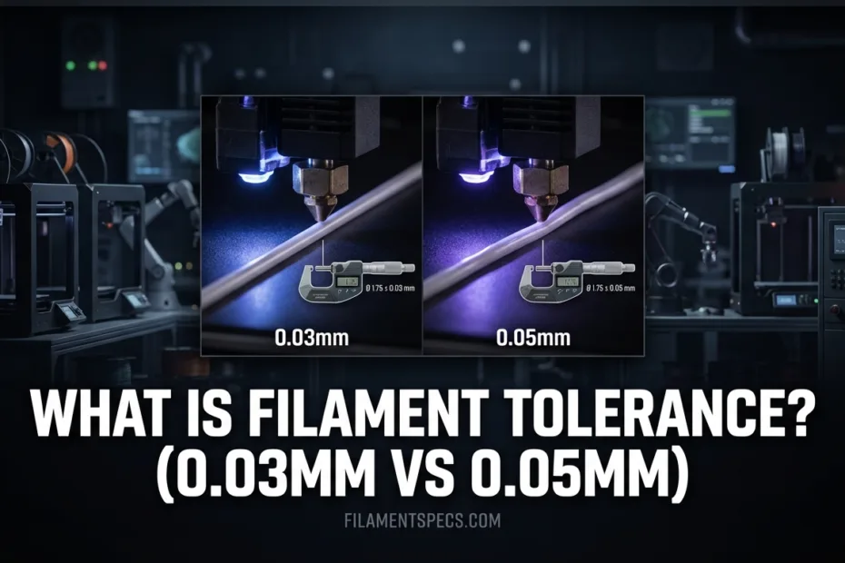 Filament spools showing tolerance levels of 0.03mm and 0.05mm at the nozzle tip.
