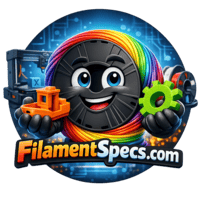 FilamentSpecs logo features a smiling black filament character holding gear and cable.