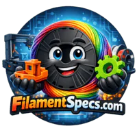 FilamentSpecs logo features a smiling black filament character holding gear and cable.
