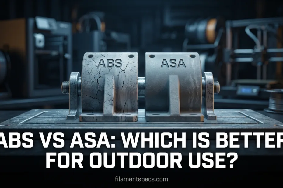 Two plastic samples labeled ABS and ASA stand outdoors next to a plant.