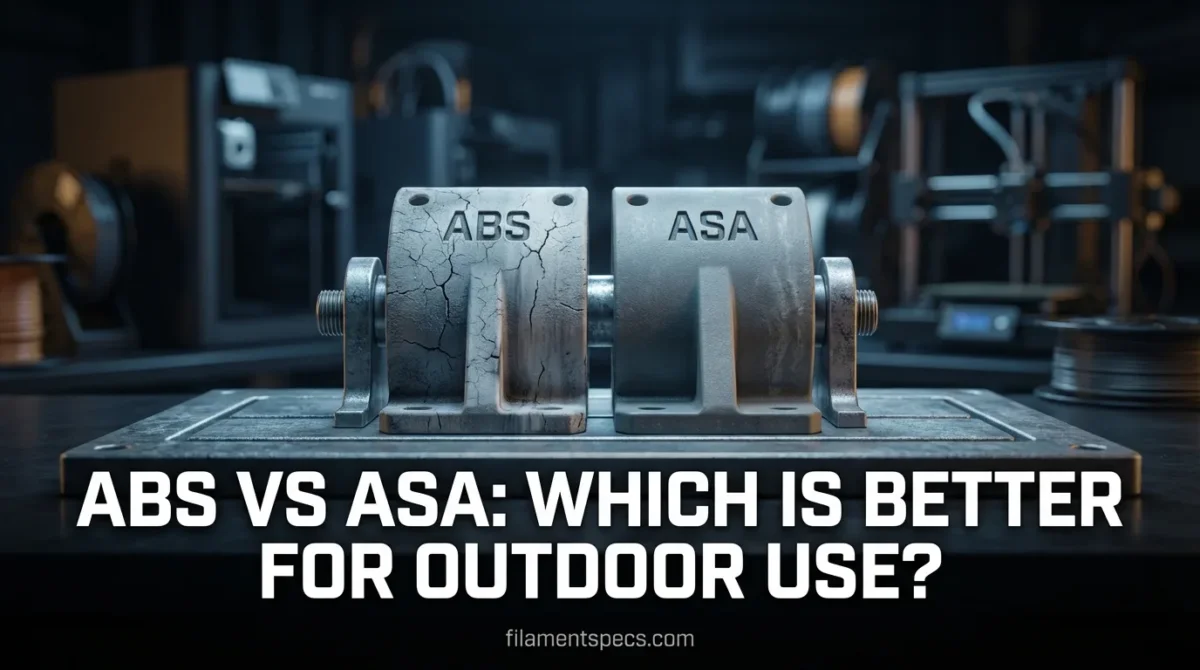 Two plastic samples labeled ABS and ASA stand outdoors next to a plant.