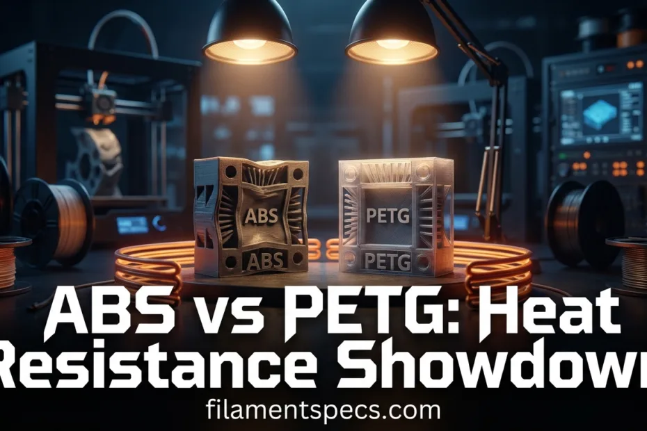 ABS and PETG filament spools shown side by side in a 3D printing setup.