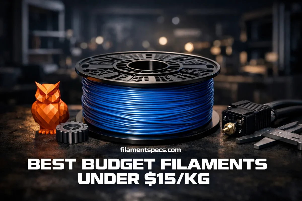 A spool of blue filament on a workbench with city lights in the background, showcasing the best budget filamen…