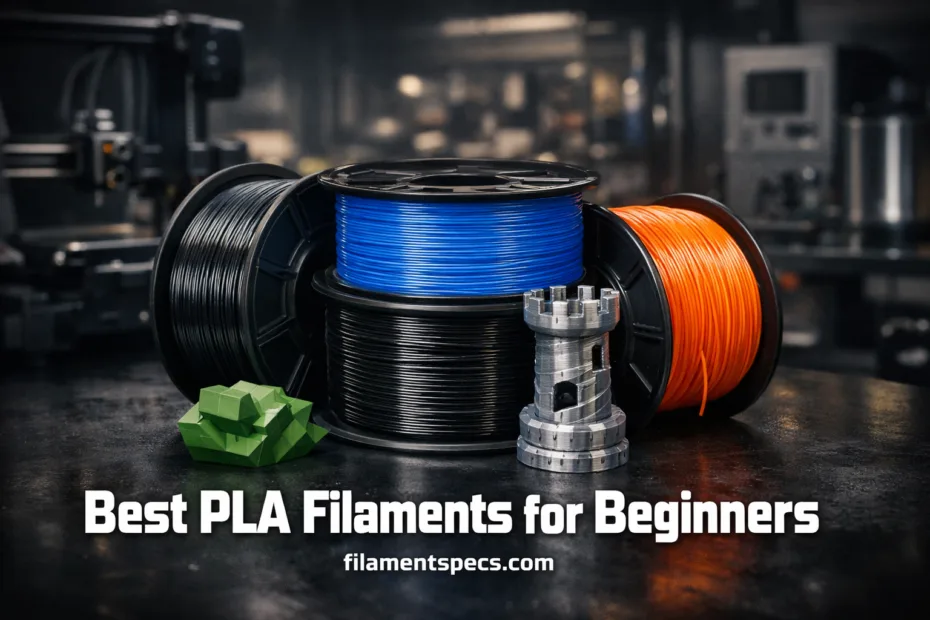 Spools of blue and orange PLA filament sit on a dark workbench for beginners' 3D printing.