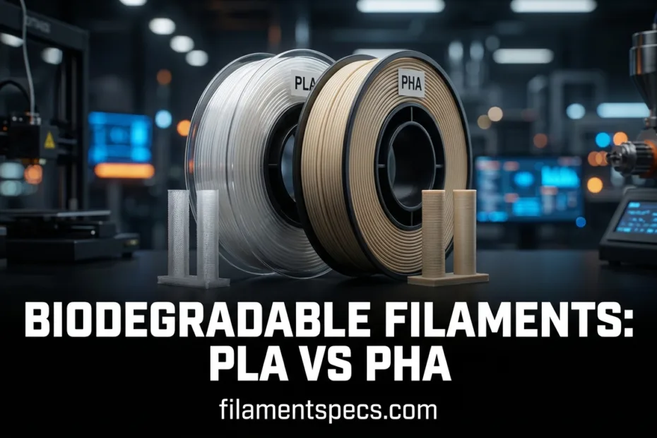 Close-up of spools of biodegradable filaments, PLA and PHA, ready for 3D printing.
