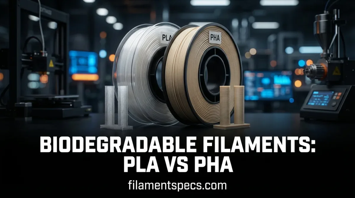 Close-up of spools of biodegradable filaments, PLA and PHA, ready for 3D printing.