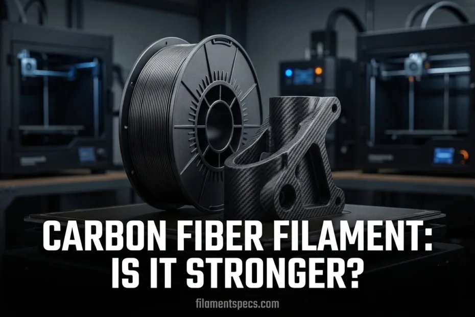 A spool of black carbon fiber filament on a 3D printer bed.