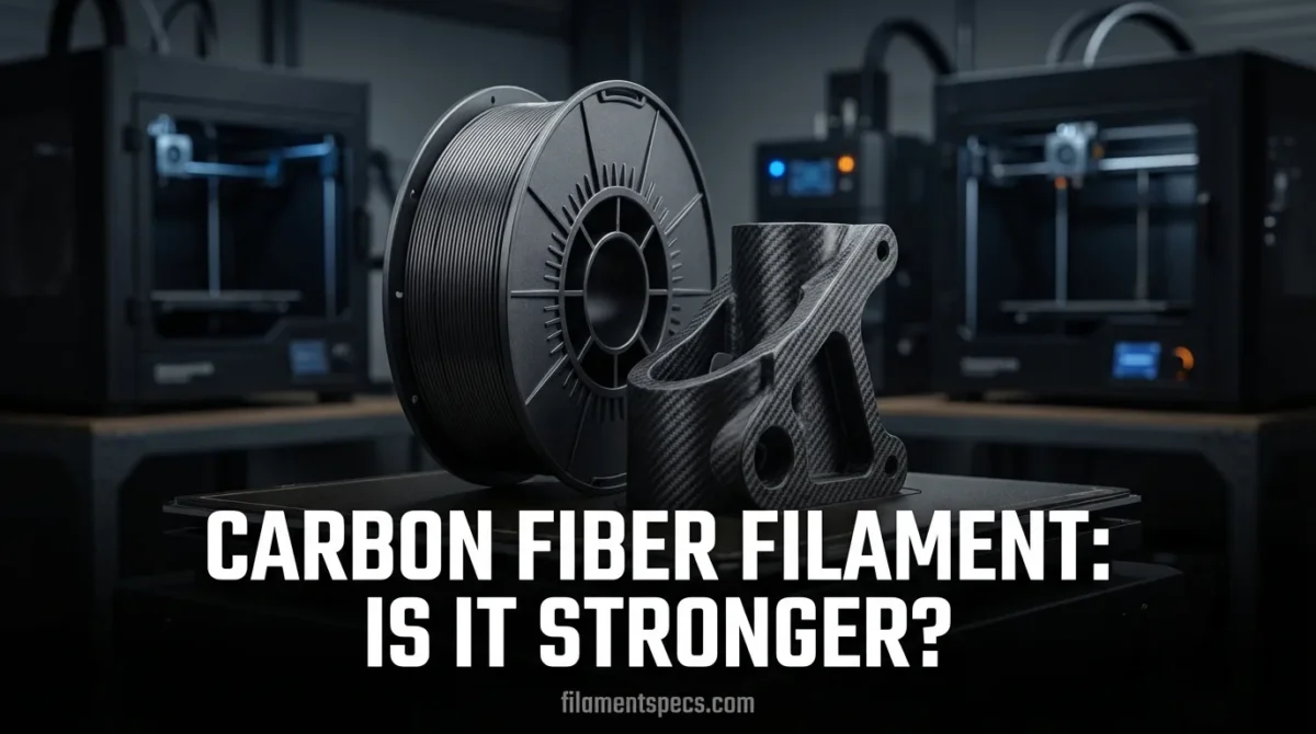 A spool of black carbon fiber filament on a 3D printer bed.