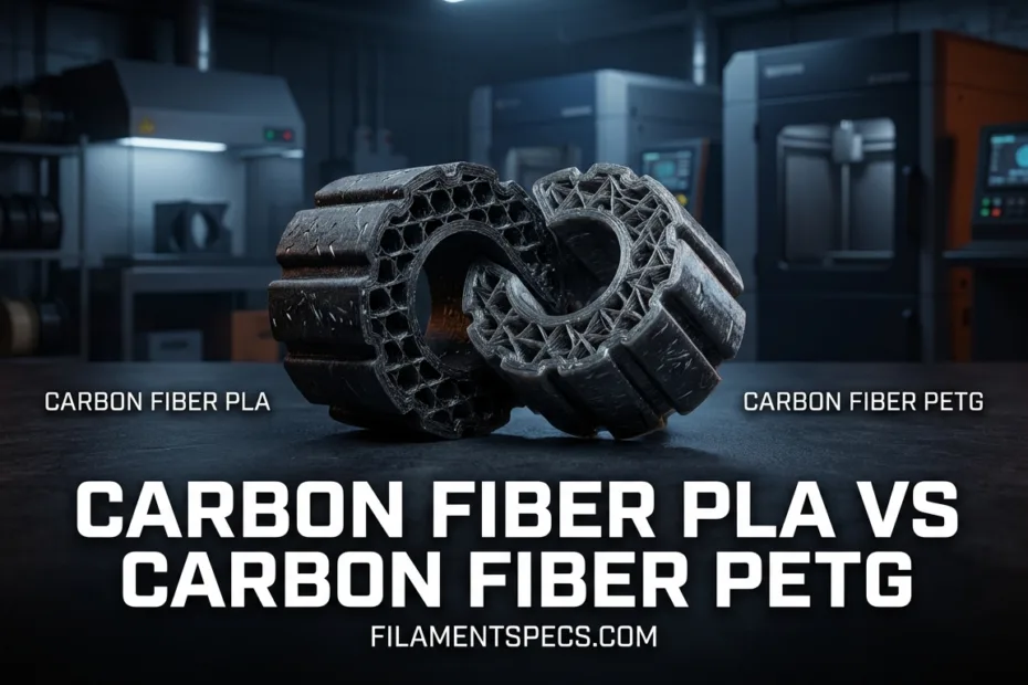 A close-up of a carbon fiber filament coil used for 3D printing.