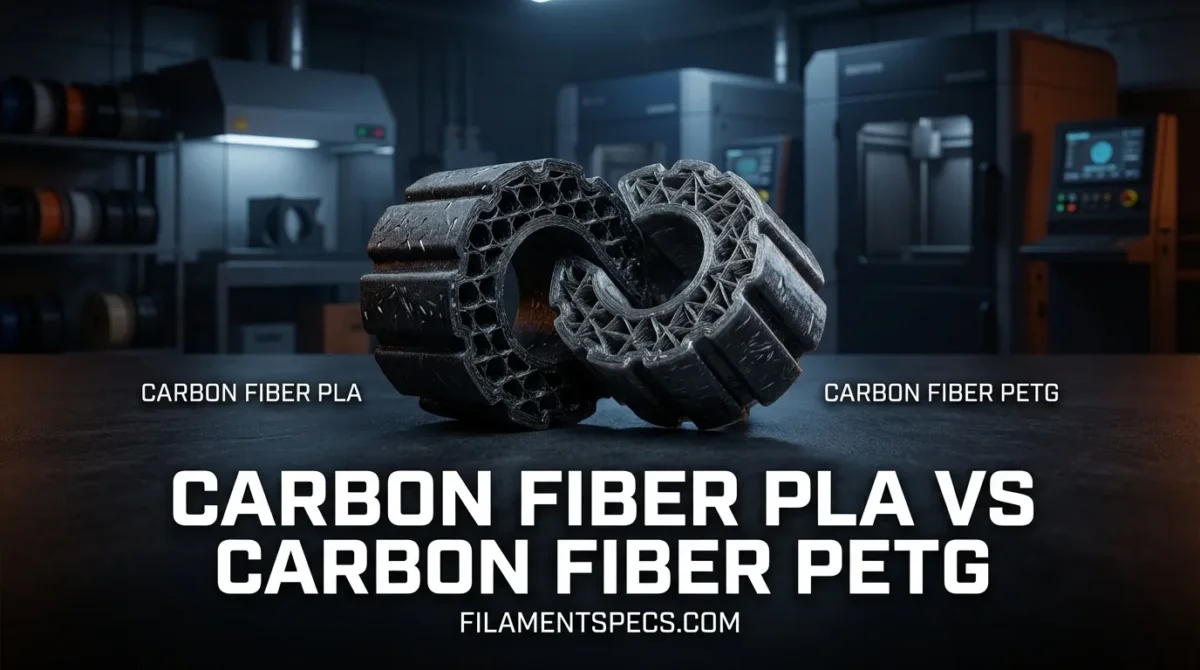 A close-up of a carbon fiber filament coil used for 3D printing.