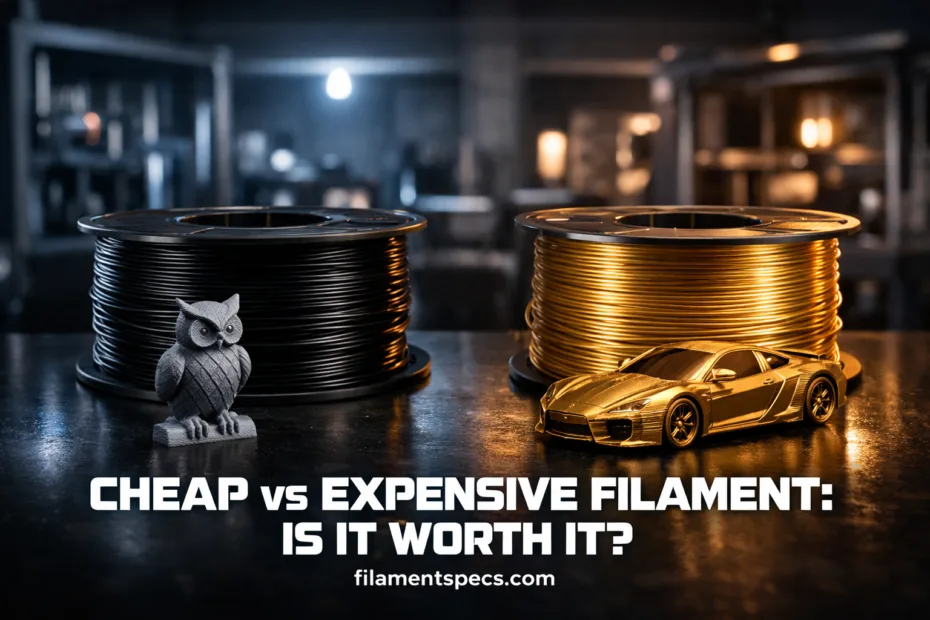 Close-up of black and gold filament spools on a 3D printer table.