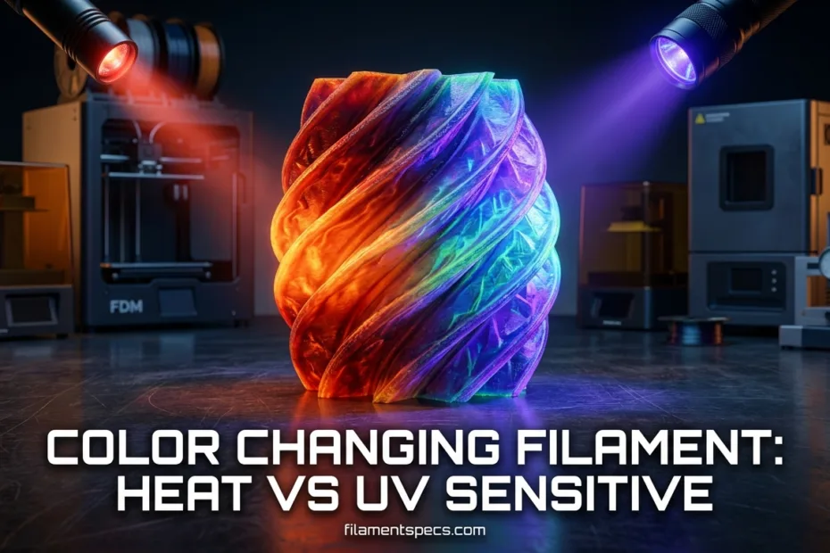 Color changing filament glowing with heat and UV light in a 3D printing setup.