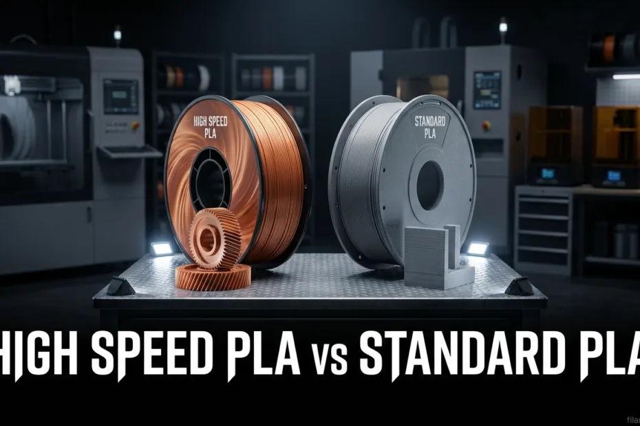 Close-up of a spool of high speed PLA filament next to a standard PLA spool, highlighting material differences…