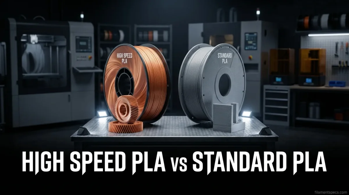 Close-up of a spool of high speed PLA filament next to a standard PLA spool, highlighting material differences…