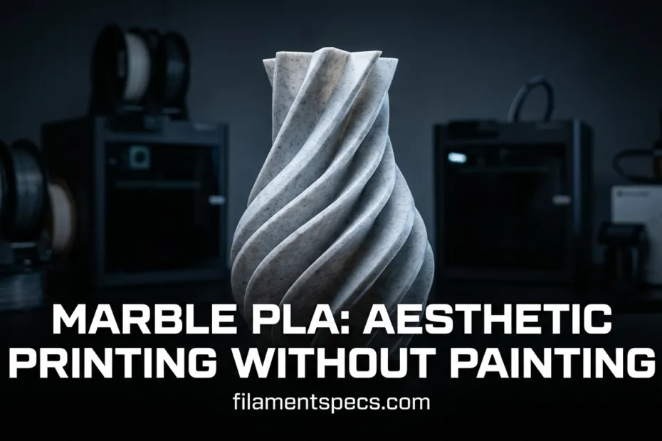 A 3D printed marble PLA filament spool with a twisted, marble-like pattern.