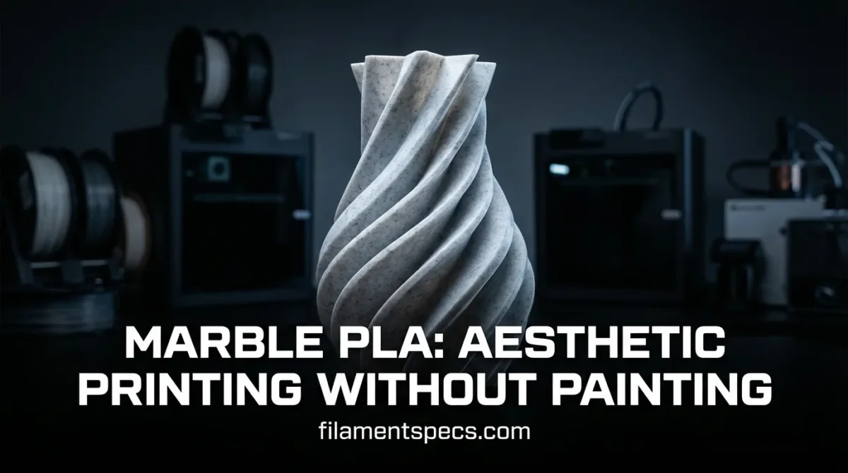 A 3D printed marble PLA filament spool with a twisted, marble-like pattern.