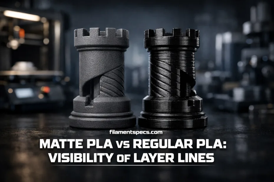 A 3D printed object shows the smoother surface of matte PLA compared to the shiny surface of regular PLA.