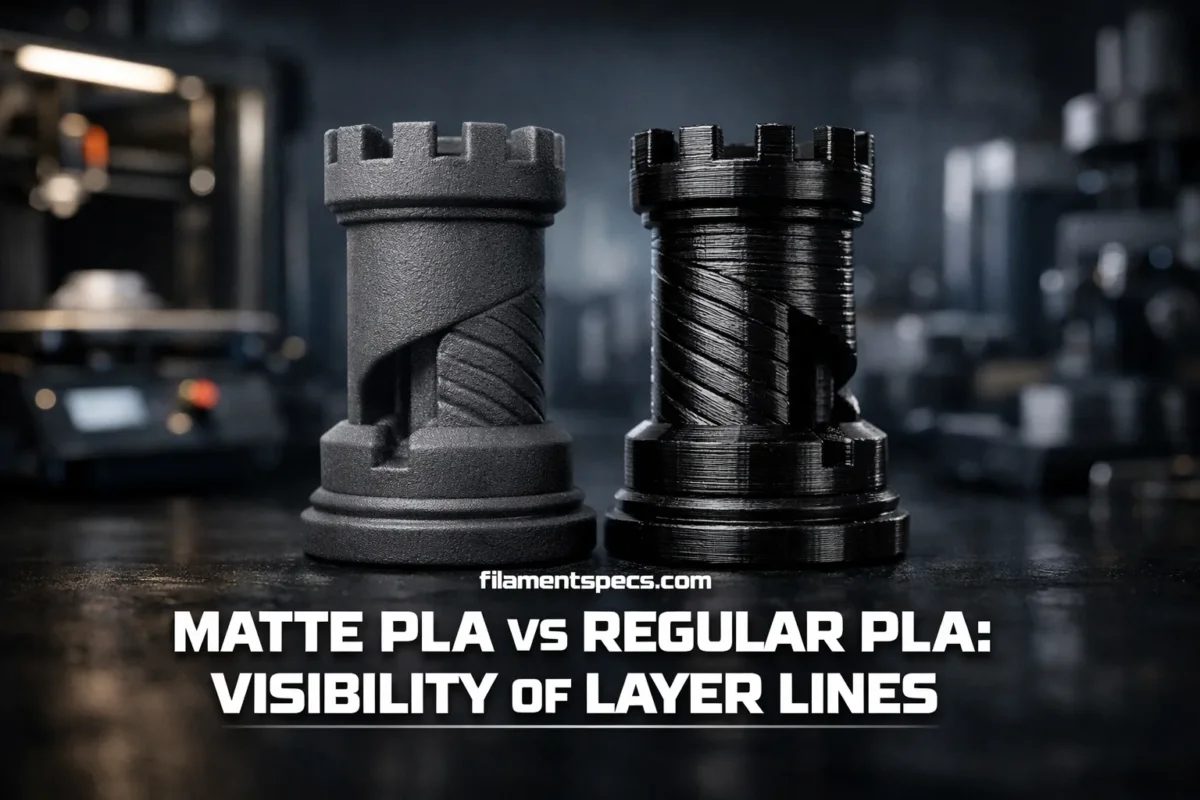 A 3D printed object shows the smoother surface of matte PLA compared to the shiny surface of regular PLA.