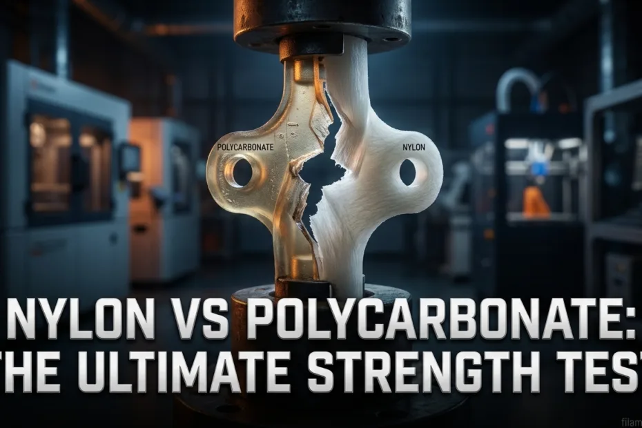 Nylon and polycarbonate materials are fused in a strength test, with a drill bit drilled through.