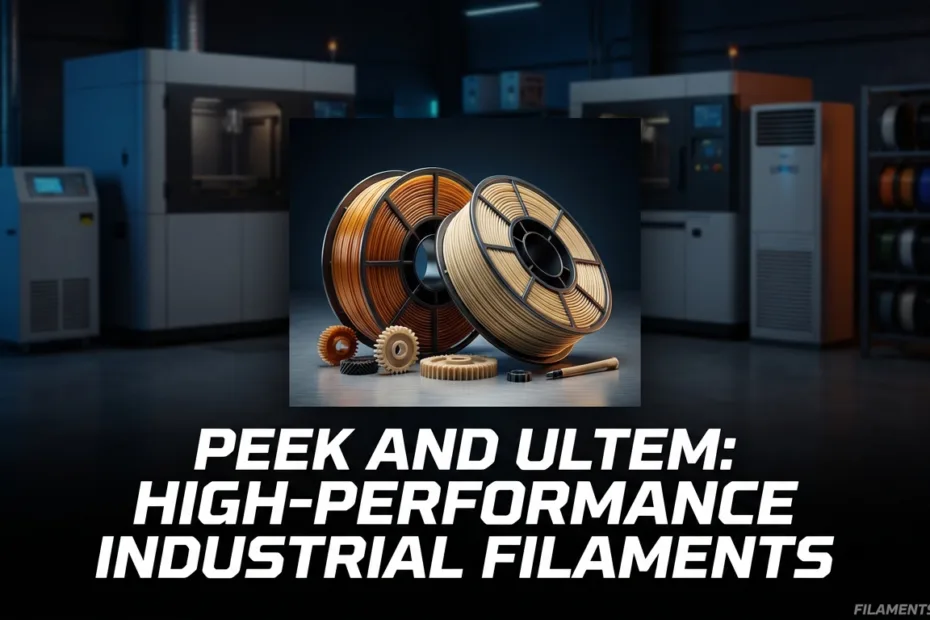 A spool of PEEK and ULTEM filament on a dark background.