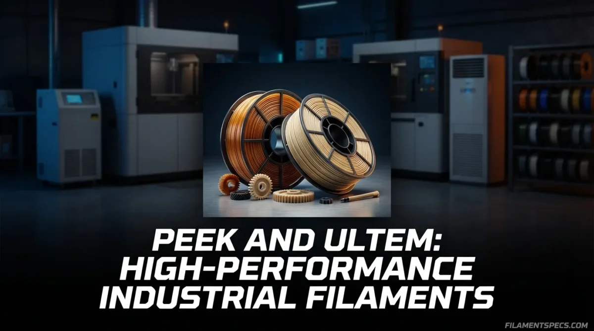 A spool of PEEK and ULTEM filament on a dark background.