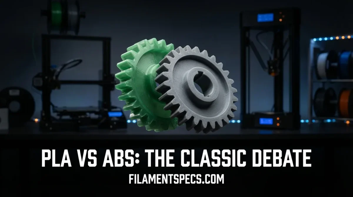 Green and gray gears from a 3D printer filmed close-up for PLA vs ABS debate.