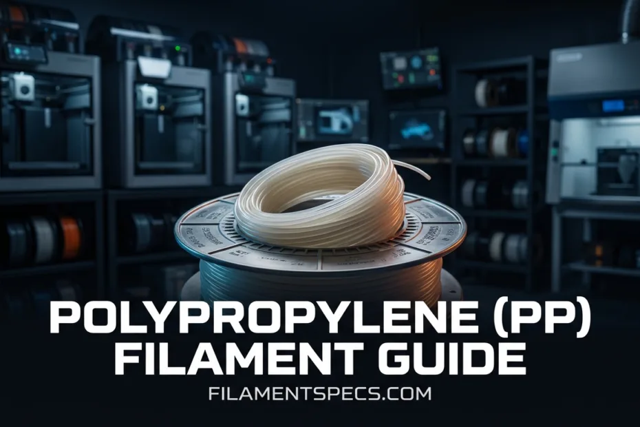 A spool of white polypropylene filament on a black 3D printer part.